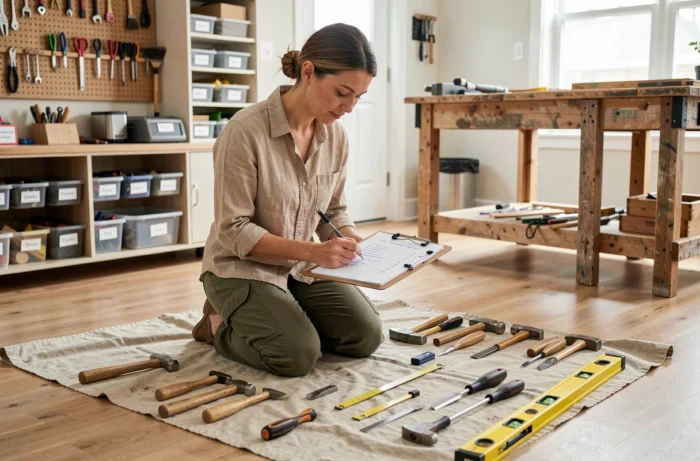 Femme agenouillée dans un atelier de garage faisant l'inventaire de ses outils de bricolage sur une liste