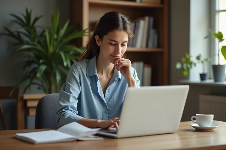 Jeune femme au bureau à domicile travaillant sur son ordinateur