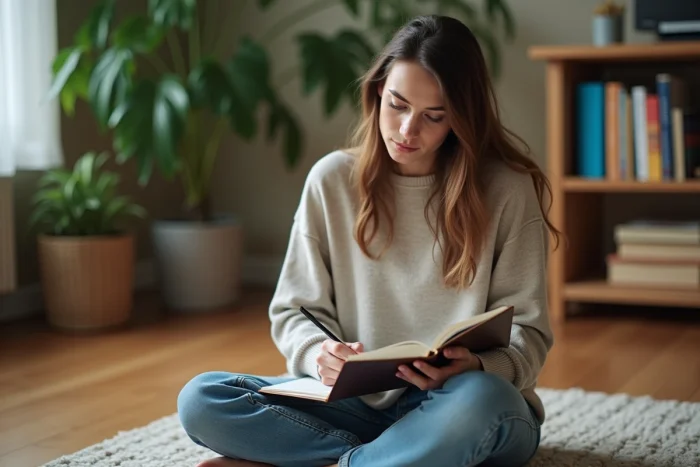 Jeune femme lisant un livre éducatif et prenant des notes dans un salon
