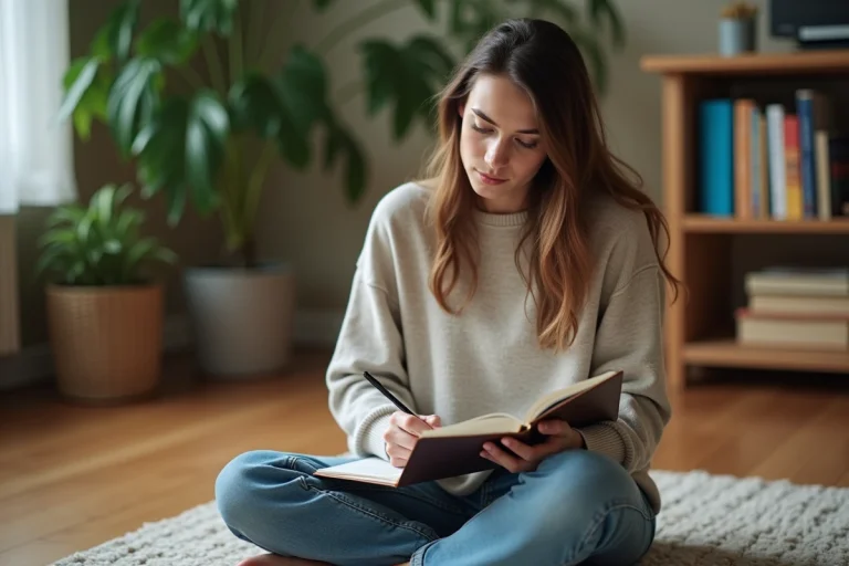 Jeune femme lisant un livre éducatif et prenant des notes dans un salon