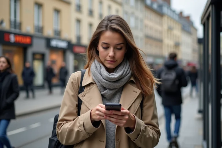 Jeune femme dans Rennes vérifiant les infos sur son smartphone