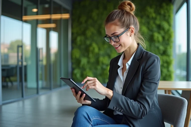 Jeune femme professionnelle utilisant une tablette tactile dans un bureau moderne