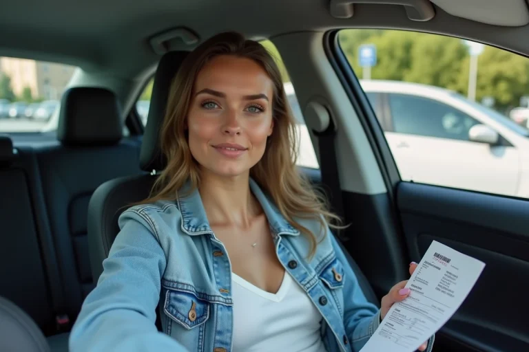 Jeune femme en denim tenant un permis dans une voiture moderne