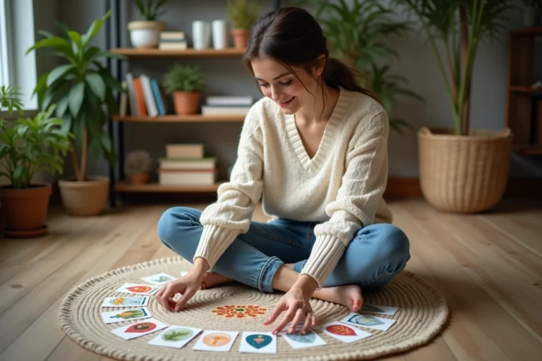 Jeune femme arrangeant des cartes du zodiaque dans une pièce chaleureuse
