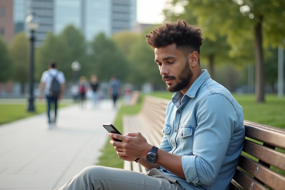 Jeune homme utilisant une application de budget en plein air