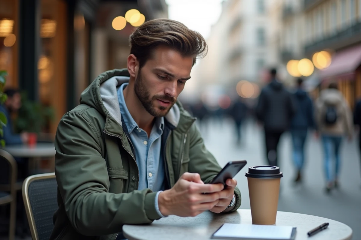 Jeune homme utilisant son smartphone dans un café en ville