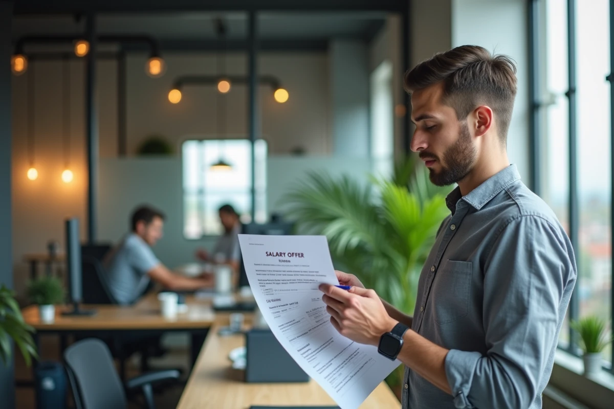 Jeune homme étudiant un contrat de salaire dans un espace de coworking