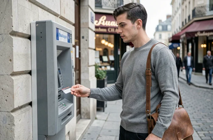 Jeune homme français retirant de l'argent à un distributeur automatique dans une rue parisienne