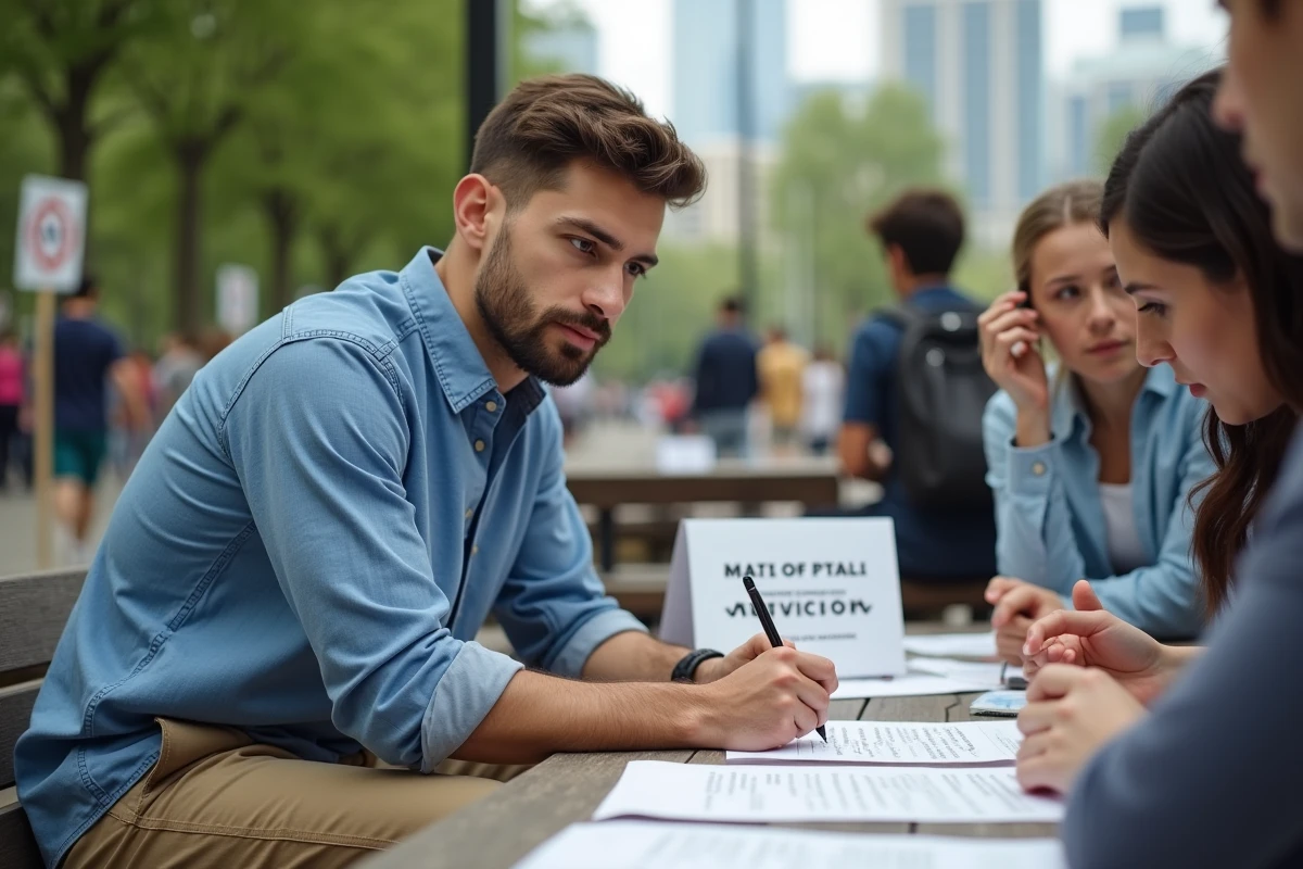 Jeune homme signant une pétition dans un parc urbain