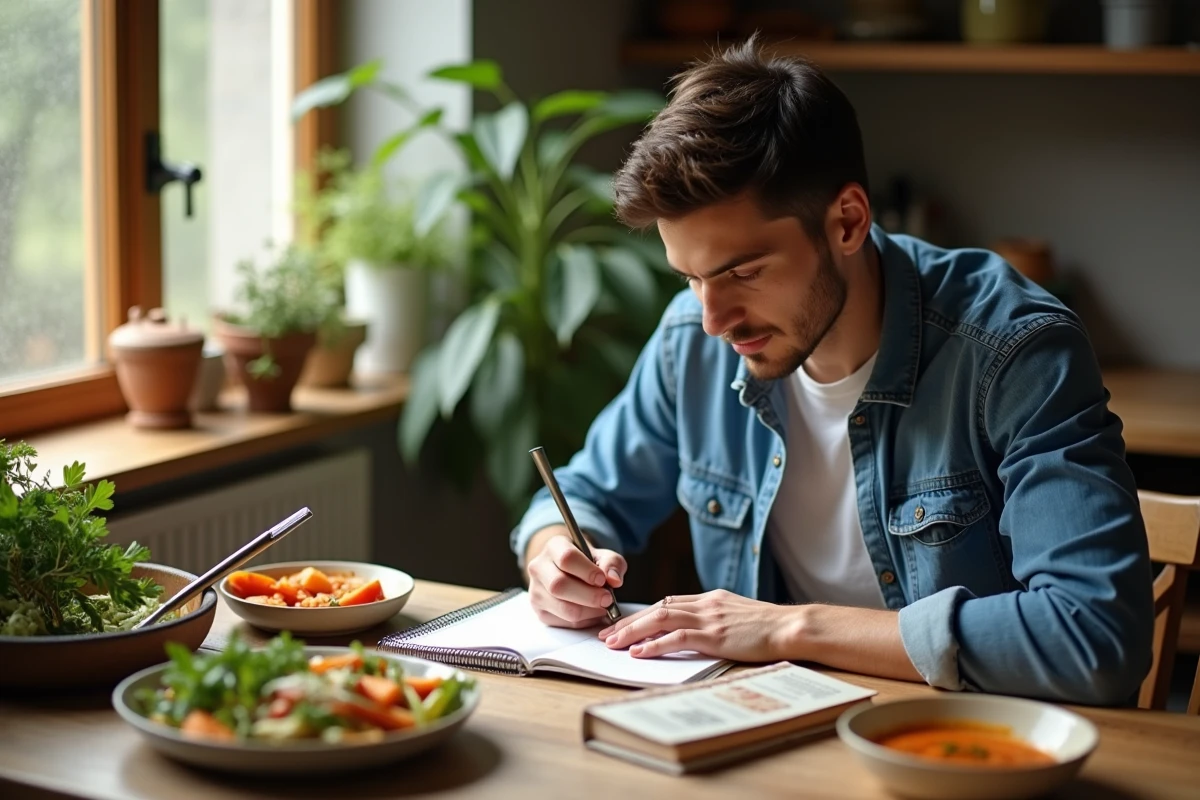 Jeune homme note une recette en dégustant une sauce