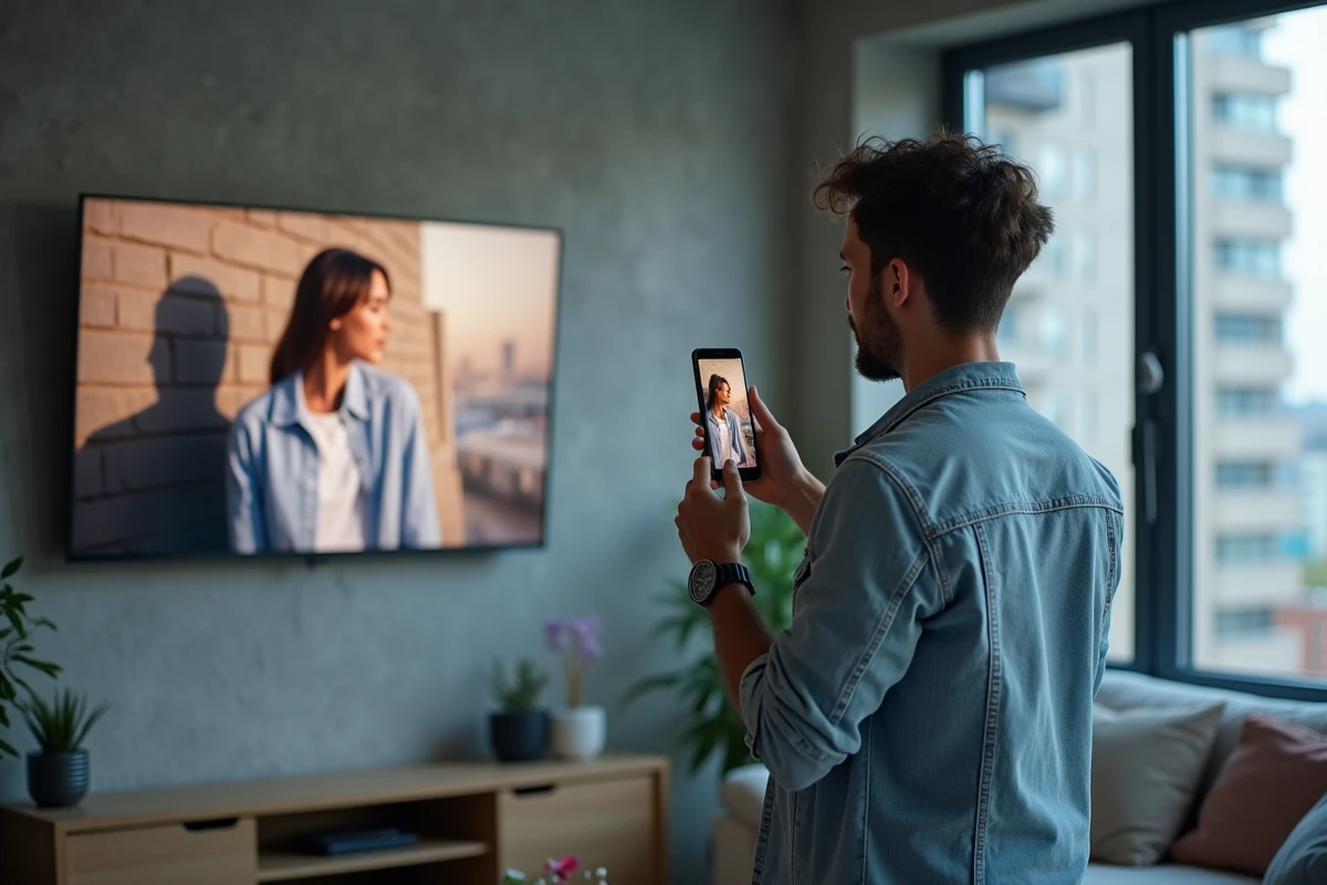 Jeune homme scannant un écran de télévision avec son téléphone