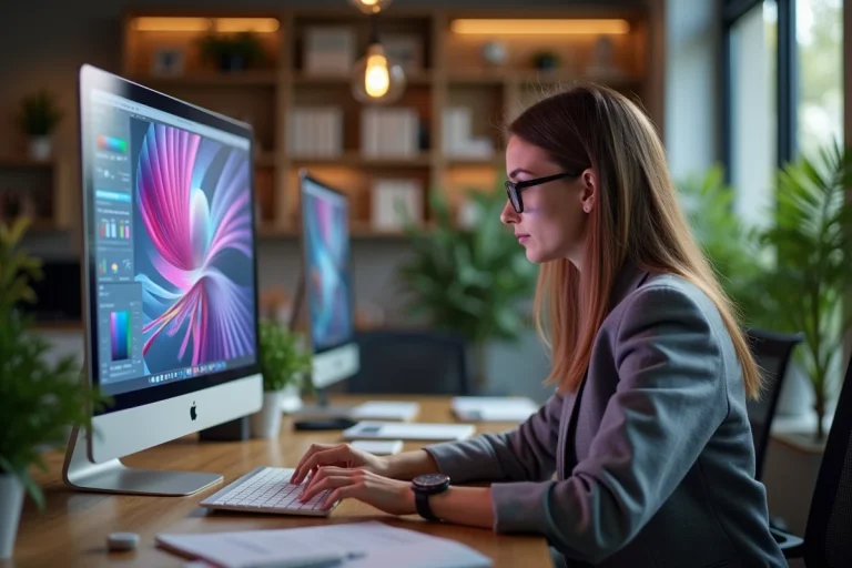 Jeune femme créative travaillant sur un grand écran de design