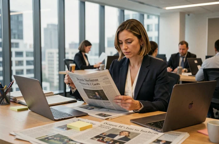 Journaliste femme lisant les actualités du jour dans une salle de rédaction moderne avec journaux et ordinateurs portables