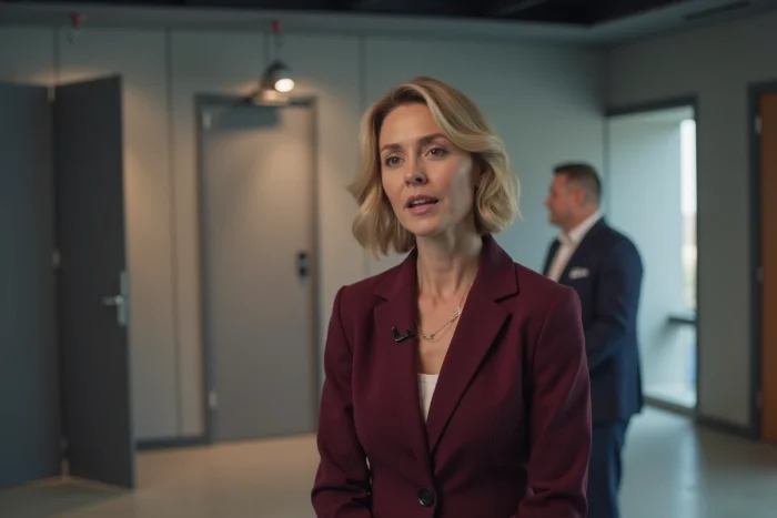 Femme journaliste en plateau de télévision au premier plan, silhouette masculine floue en retrait symbolisant le mari discret d'une personnalité médiatique comme Margot Haddad