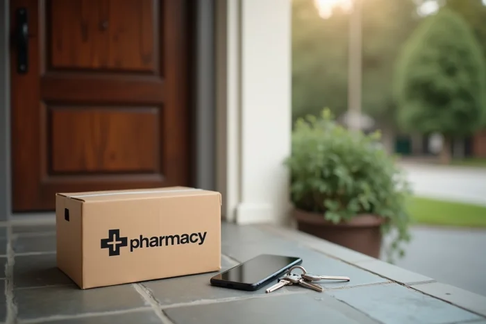 Boîte de livraison d'une pharmacie en ligne déposée devant une porte d'entrée avec confirmation sur smartphone