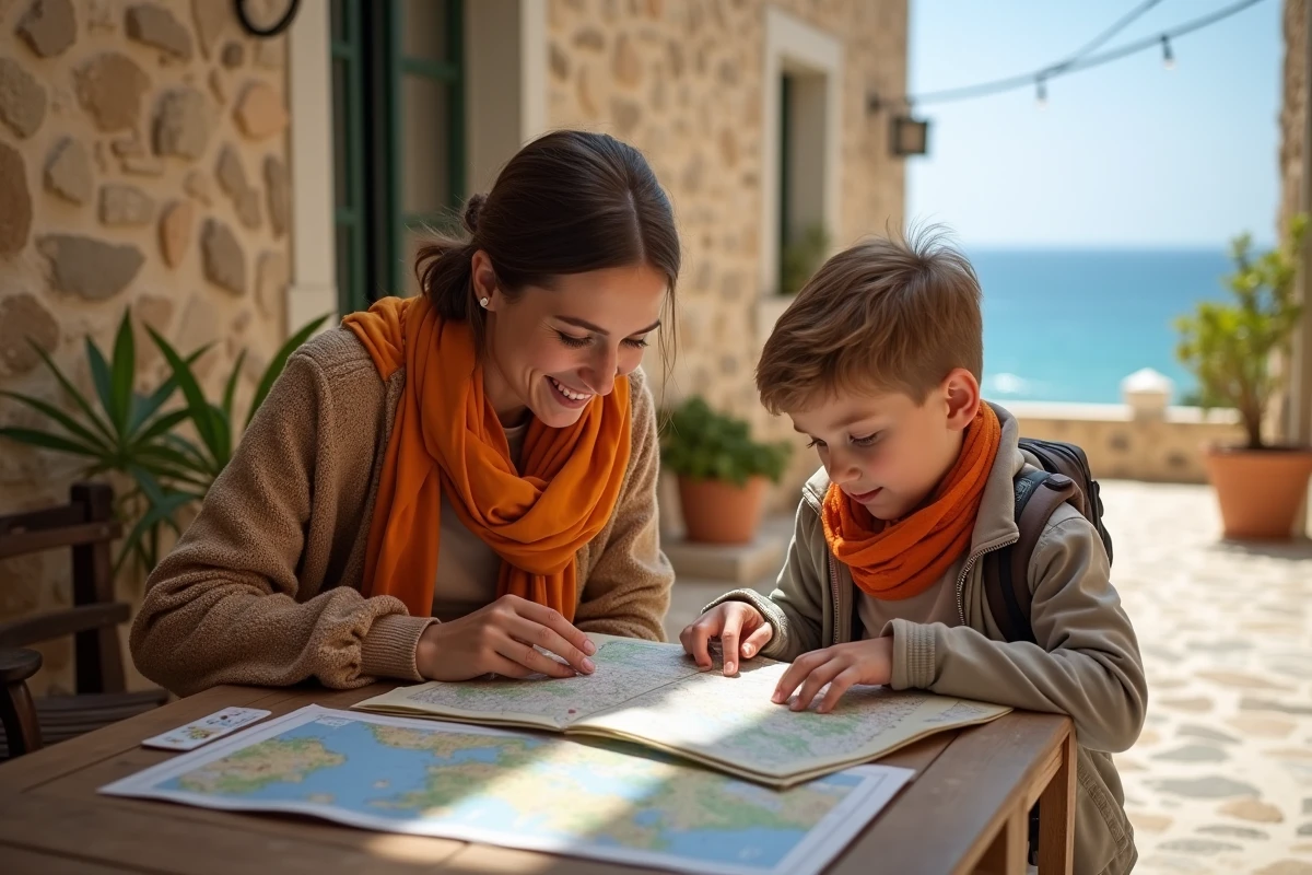 Maman et son fils discutant autour d une carte en cour