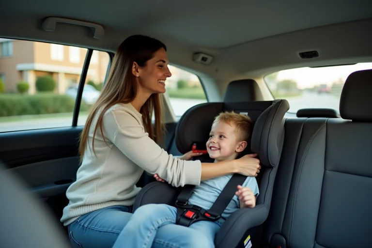 Maman et enfant dans un siège auto moderne en voiture