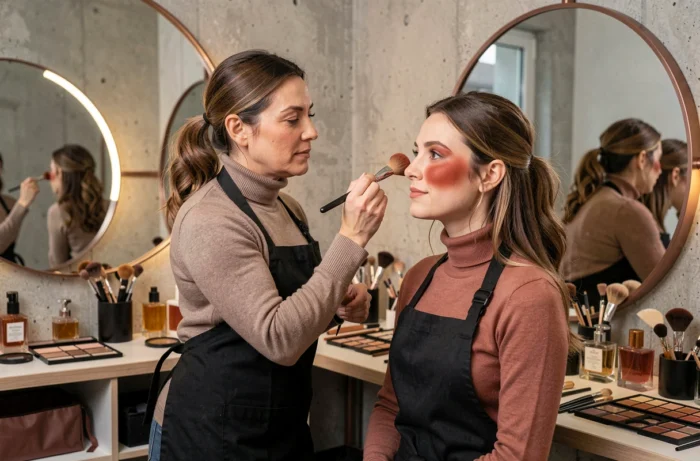Maquilleuse professionnelle appliquant un blush terracotta sur un mannequin dans un studio de beauté moderne