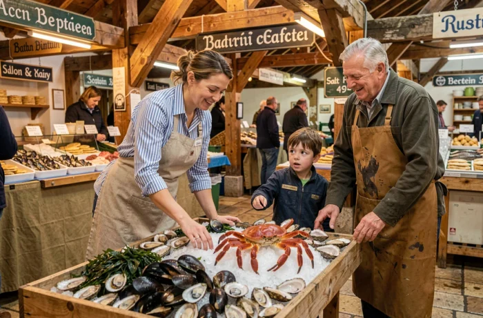 Femme et enfant découvrant des fruits de mer frais sur un marché couvert typique de Bretagne