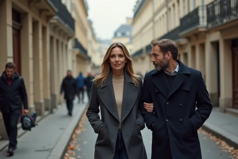 Couple se promenant dans une rue parisienne, l'homme discret tournant légèrement le visage, illustrant la vie privée préservée du mari d'une personnalité médiatique