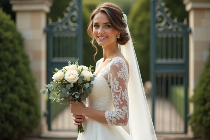 Femme en robe de mariée dans un jardin français élégant