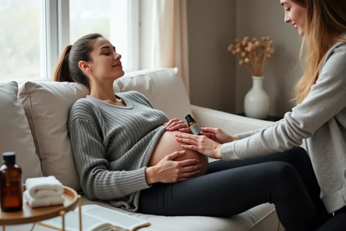 Femme enceinte se faisant appliquer une huile essentielle diluée dans le dos par son partenaire dans une chambre cosy et apaisante