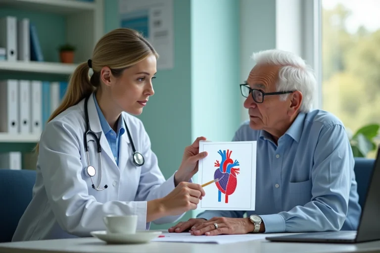 Medecin femme expliquant le coeur a un patient age