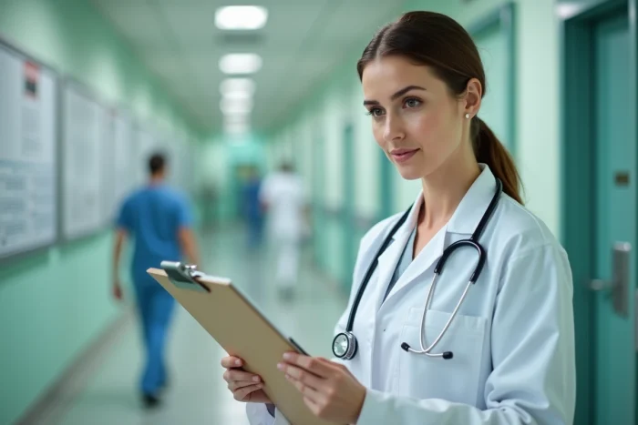 Médecin femme consultant un dossier médical dans un couloir d'hôpital avec professionnalisme