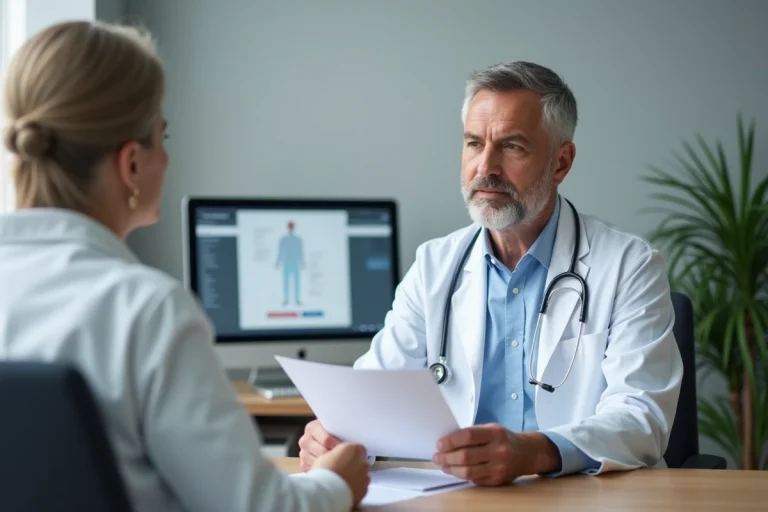 Médecin traitant examinant le dossier médical d'un patient lors d'une consultation en cabinet