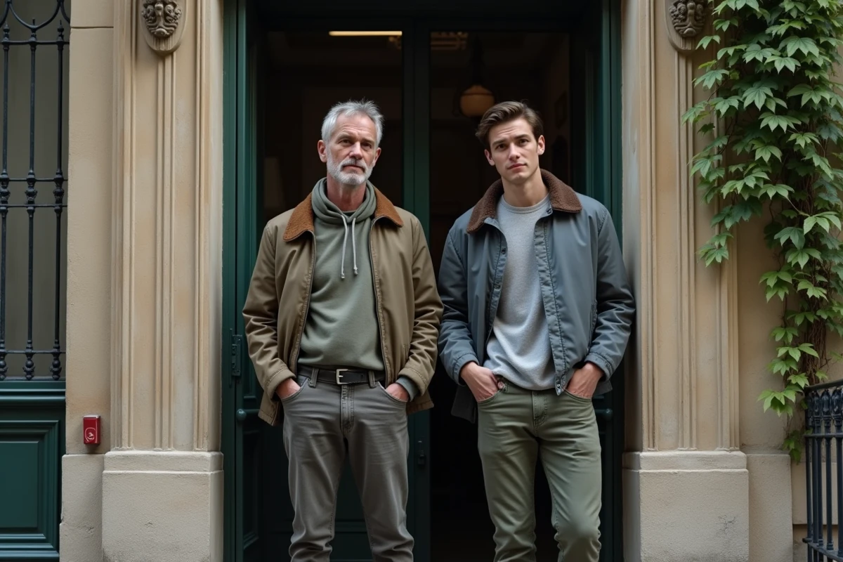 Deux hommes devant un immeuble parisien en pierre