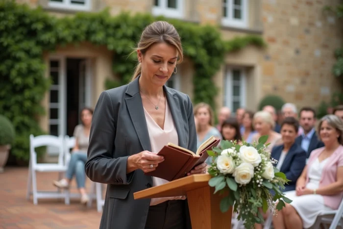 Officiant laïque lisant un discours personnalisé lors d'une cérémonie de mariage laïque en plein air dans la cour d'une mairie française
