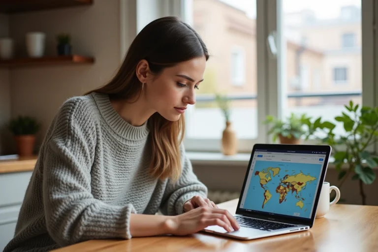 Femme organisant ses voyages en ligne sur un laptop depuis son appartement moderne