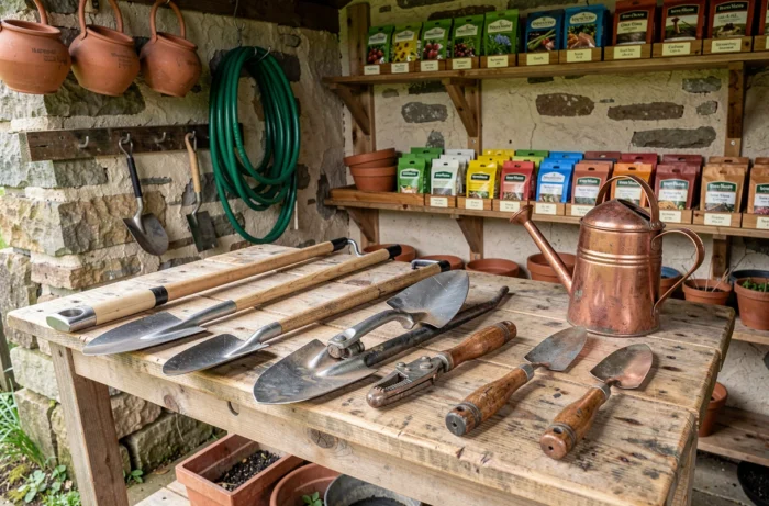 Collection d'outils de jardinage haut de gamme disposés sur un établi en bois dans un atelier de jardin rustique