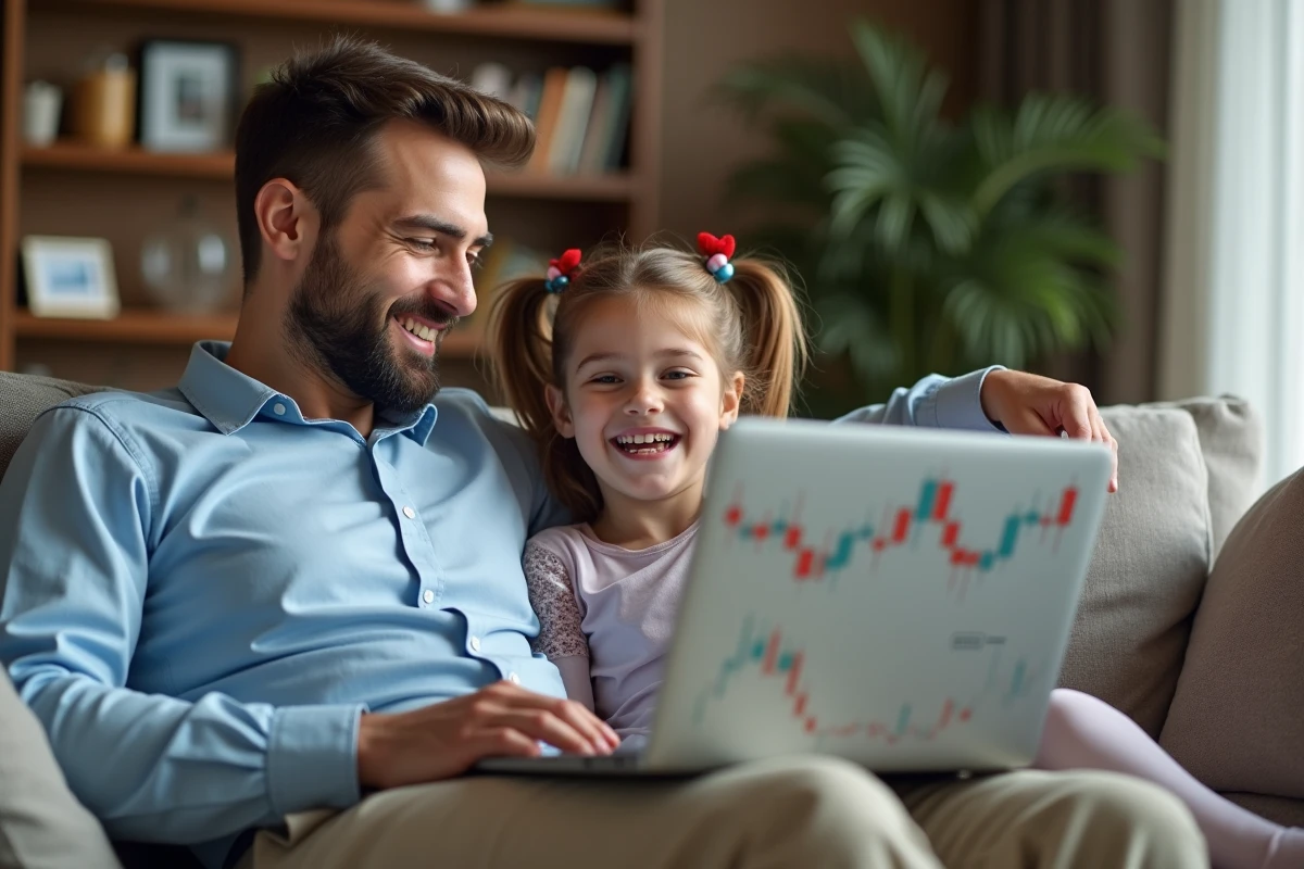 Père et fille discutant de graphiques financiers à la maison