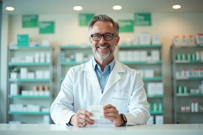 Pharmacien professionnel en blouse blanche tenant une boîte de médicaments dans une pharmacie moderne