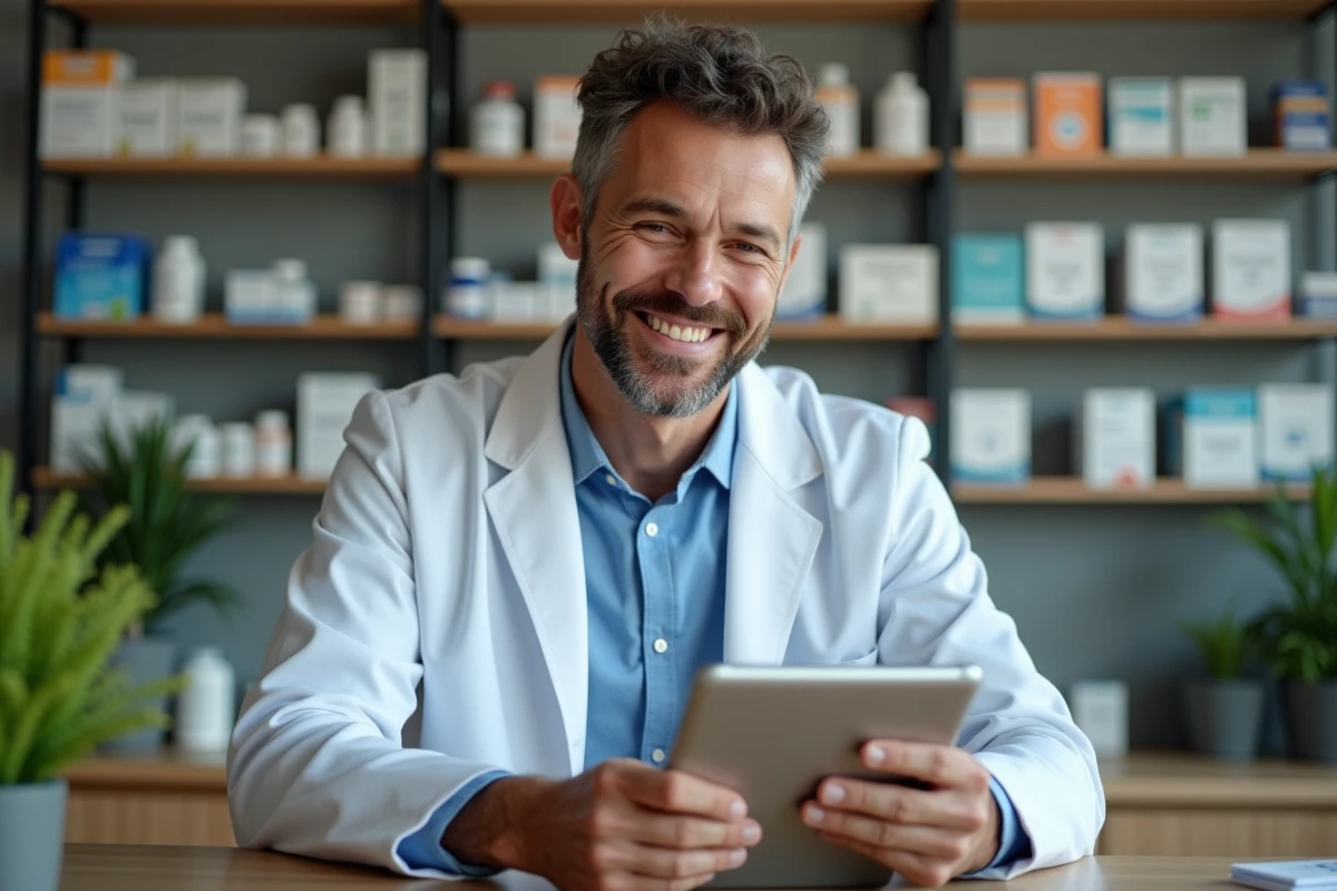 Pharmacien en consultation vidéo dans une pharmacie moderne