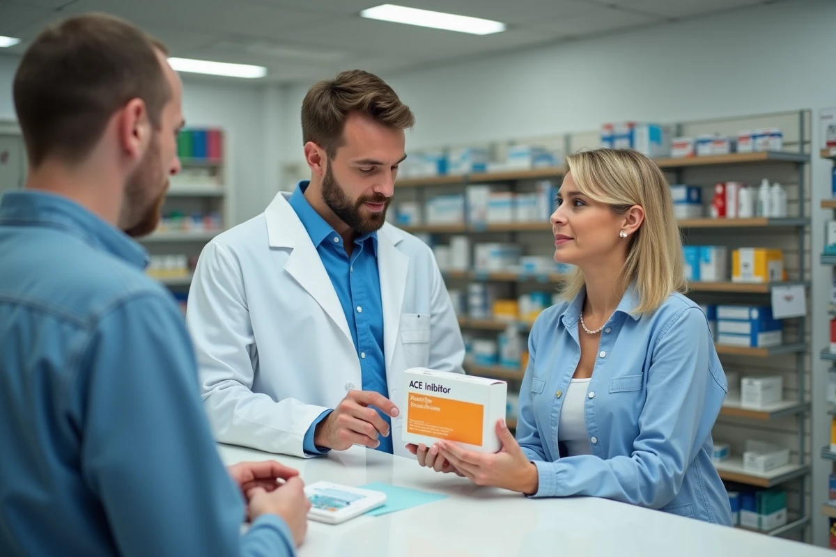 Pharmacien jeune conseillant un client en pharmacie