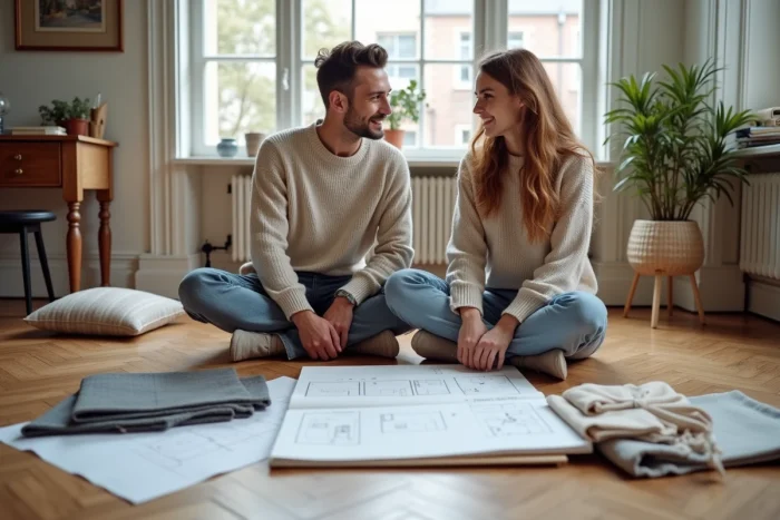 Couple planifiant la décoration de leur maison entourés d'échantillons de tissus et magazines d'intérieur