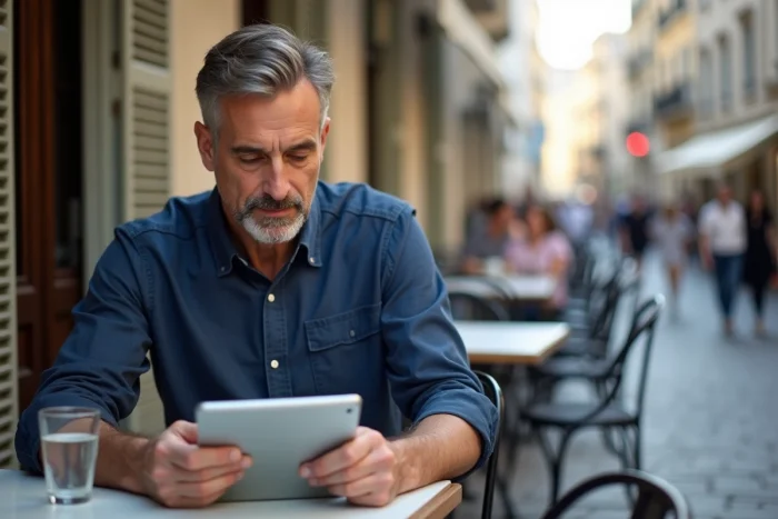 Homme planifiant une excursion sur une tablette en terrasse de café dans une ville européenne