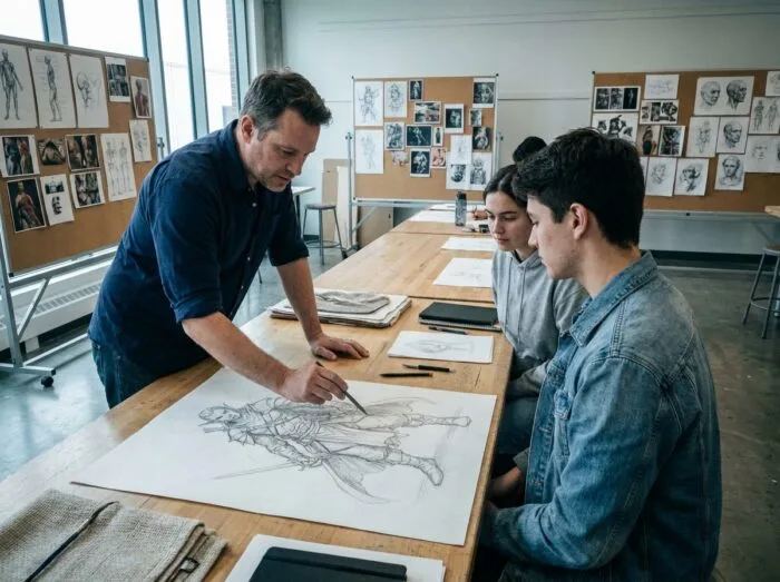 Professeur d'illustration guidant des étudiants autour d'une table de travail couverte de croquis dans un atelier d'école d'art