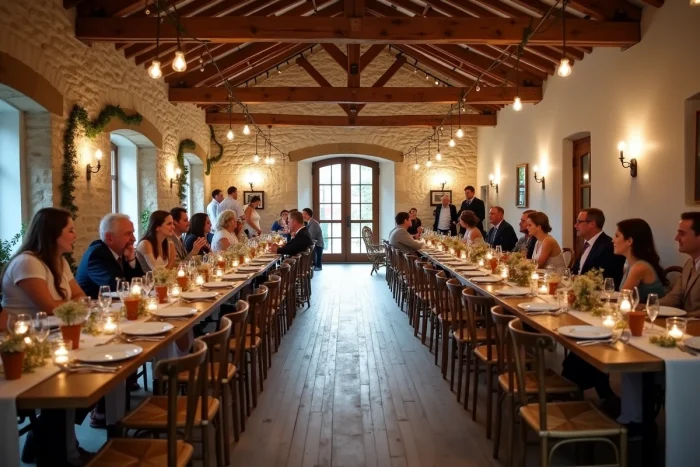 Salle de réception de mariage laïque aménagée dans une ferme française avec des tables en bois rustiques, des décorations florales séchées et des invités en train de célébrer