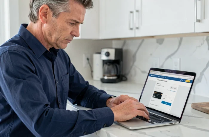 Homme saisissant un code de carte cadeau Fnac en ligne sur un ordinateur portable dans une cuisine moderne