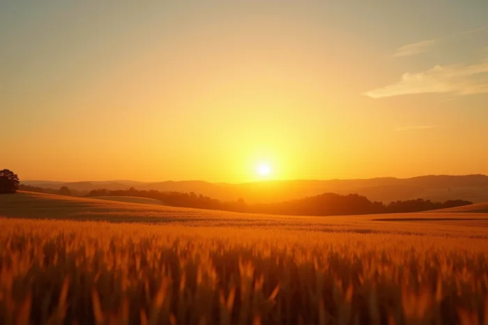 Le soleil bas sur l'horizon au-dessus de champs de blé dorés, illustration des noms et surnoms donnés à l'astre solaire