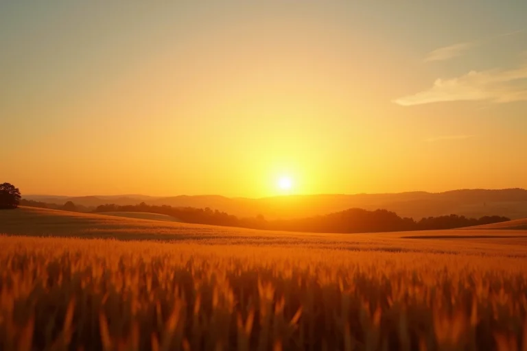 Le soleil bas sur l'horizon au-dessus de champs de blé dorés, illustration des noms et surnoms donnés à l'astre solaire