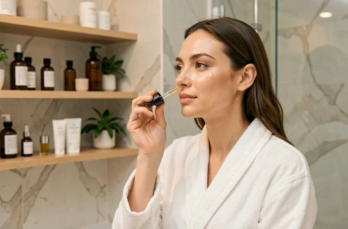 Femme appliquant un sérum sur sa peau dans une salle de bain minimaliste, tendances beauté 2024