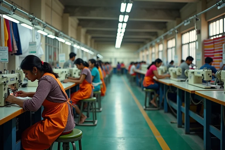 Ouvrières dans une usine textile en Asie du Sud cousant des vêtements sur des machines industrielles, illustrant la fabrication des vêtements Asos