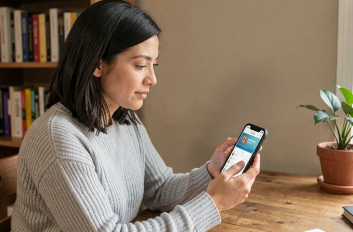 Femme utilisant une e-carte cadeau Fnac sur son smartphone depuis un bureau à domicile