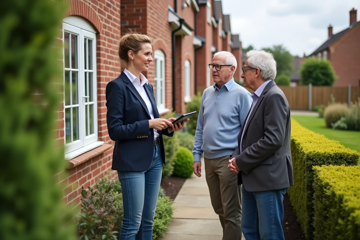 Valuer immobilier montrant une maison à un couple dans le jardin